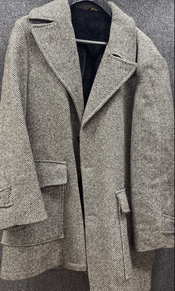 Vintage 70s Darwood Men's Gray Herringbone Tweed Faux Fur Lined Overcoat