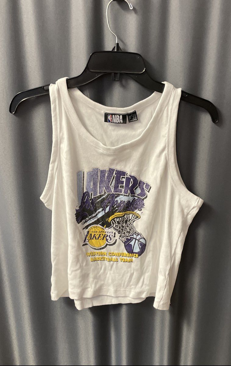 NBA Women's LA Lakers Tank Top White Ribbed Graphic Cropped Sz L