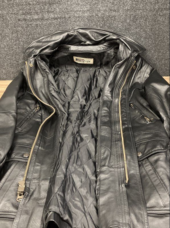 Vintage 90s Prestige Men's Black Leather Hooded Quilted Parka Jacket Sz L