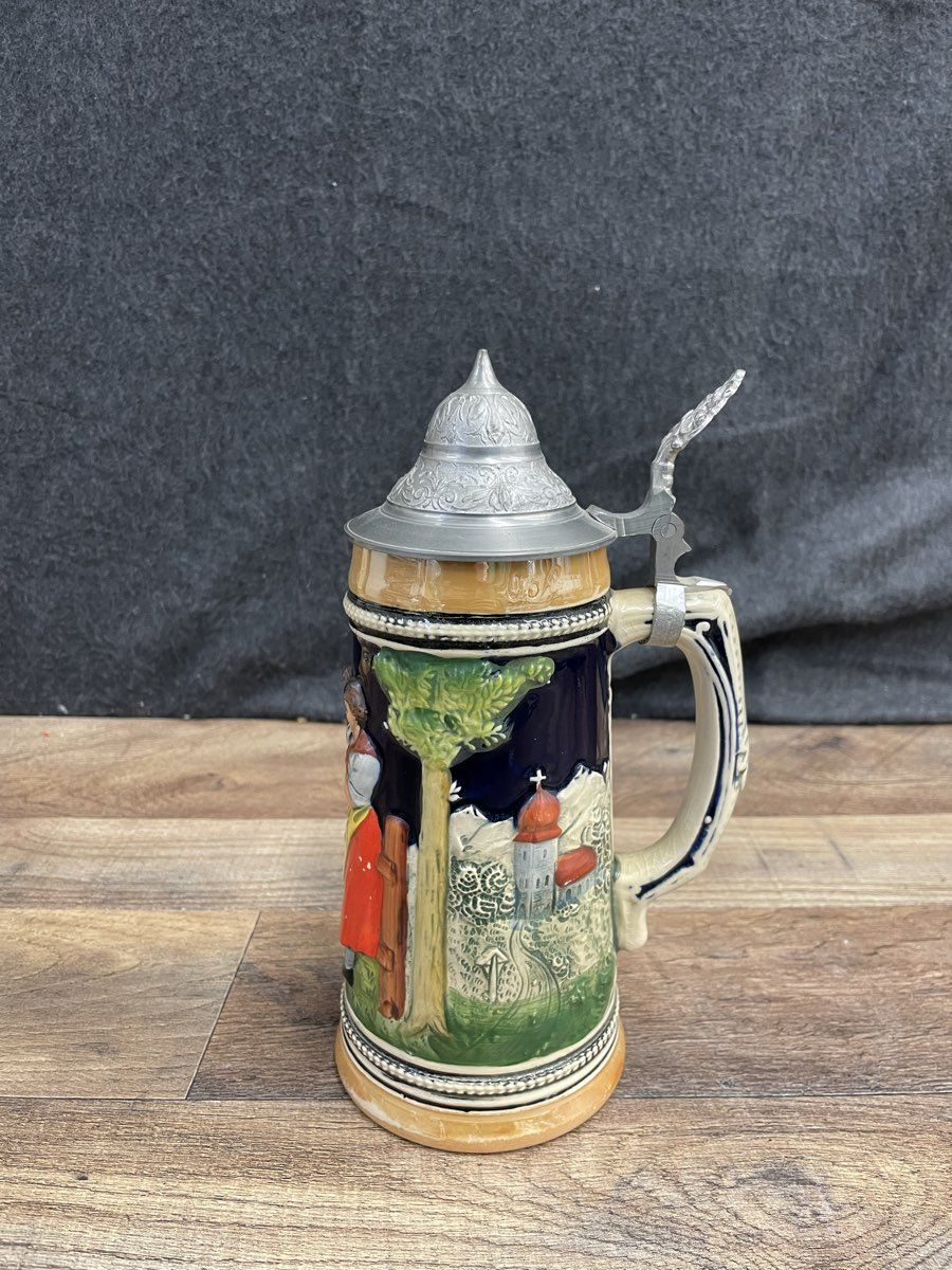 Vintage W. Germany Beer Stein 3003 Lidded Mug Cobalt Blue Tavern Scene