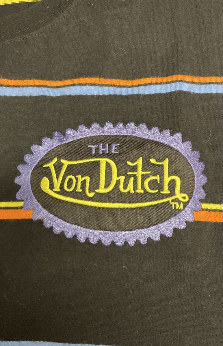 Von Dutch Striped Graphic Patch Logo T-Shirt Black Blue Orange Sz XL