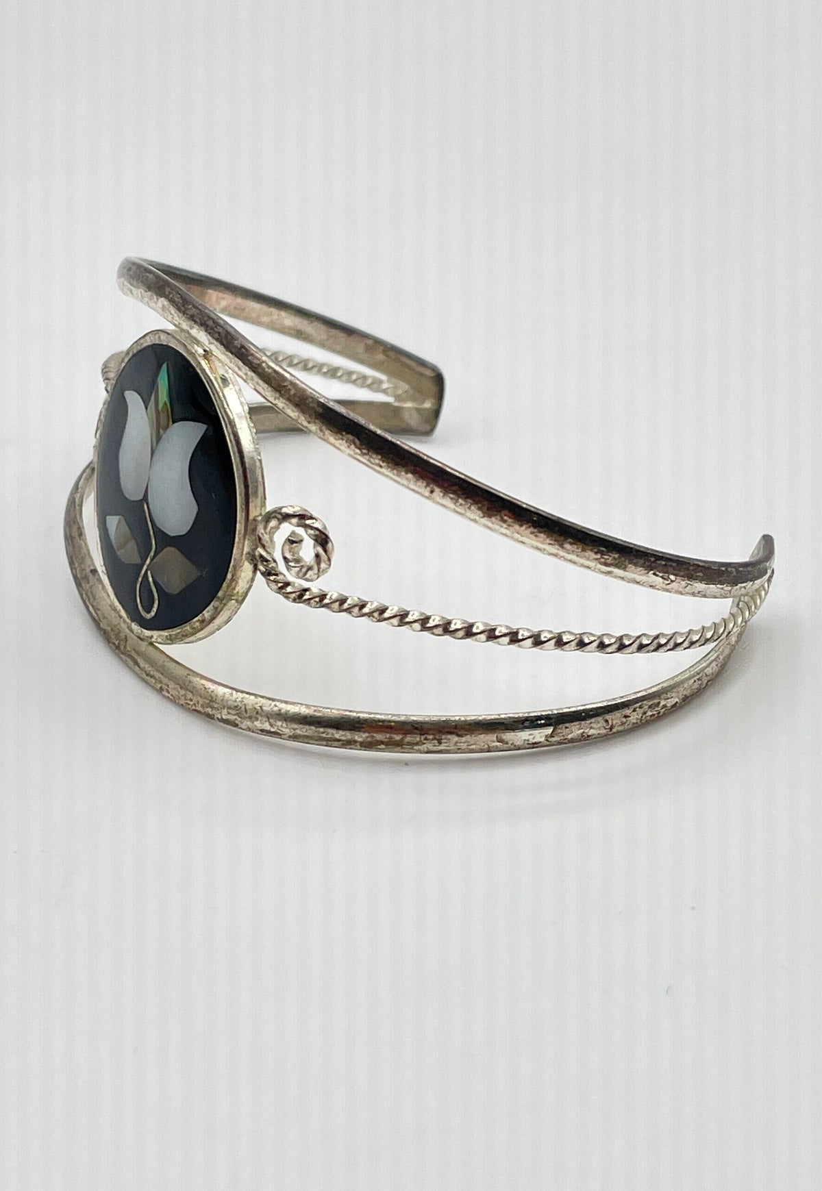 Alpaca Silver Abalone MOP Inlay Black Onyx Cuff Bracelet Mexico Marked 12.7g