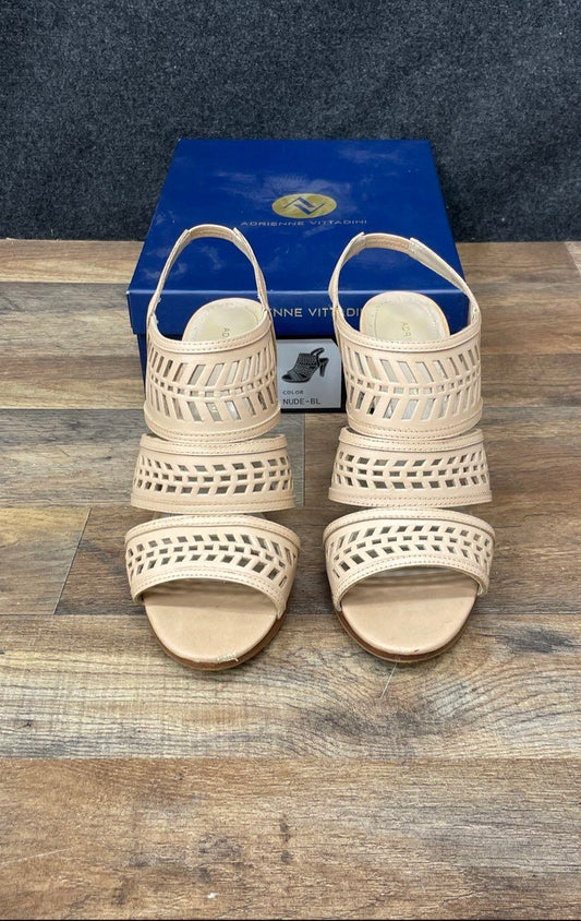 Adrienne Vittadini Prim Nude Leather Laser Cut Platform Slingback Heels Size 9.5