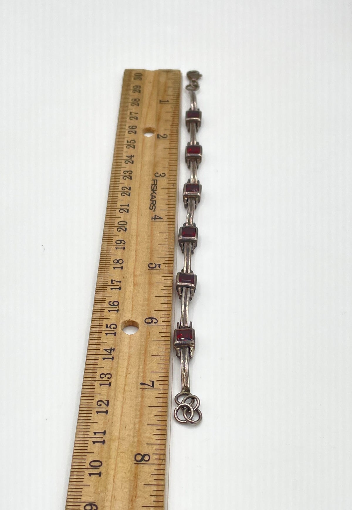 925 Sterling Silver Garnet Accent Bar-And-Box Link Bracelet 17.9g *Damaged*
