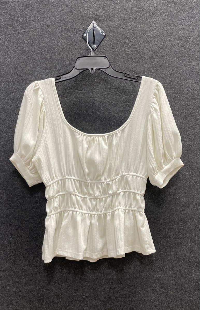 Maeve Anthropologie Women's White Smocked Peplum Puff Sleeve Textured Top Sz S