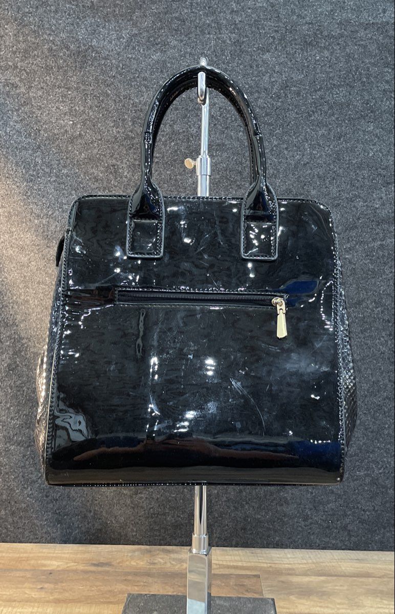 Unbranded Black Patent Snakeskin Embossed Satchel Handbag Gold Hardware