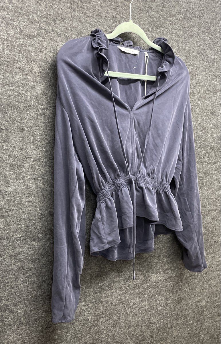 Rebecca Taylor Women's Navy Sandwash Cupro V-Neck Ruffle Pullover Sz M NWT