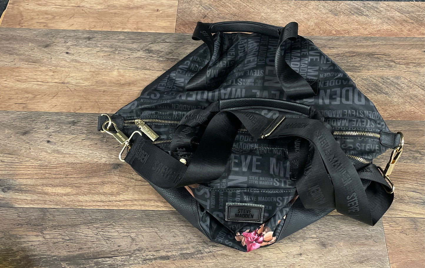 Steve Madden Black Floral Logo Print Tote Bag Gold Hardware Crossbody Strap