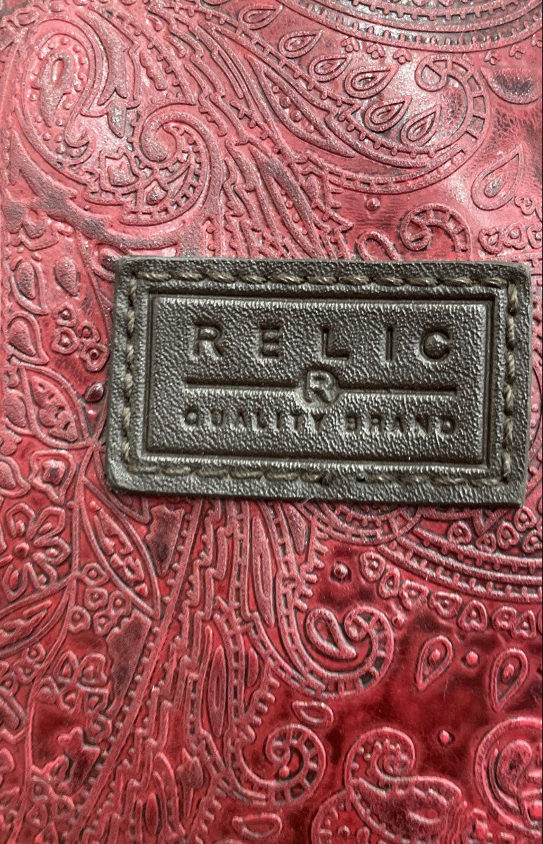 Relic Red Paisley Embossed Leather Crossbody Shoulder Bag Brass Hardware