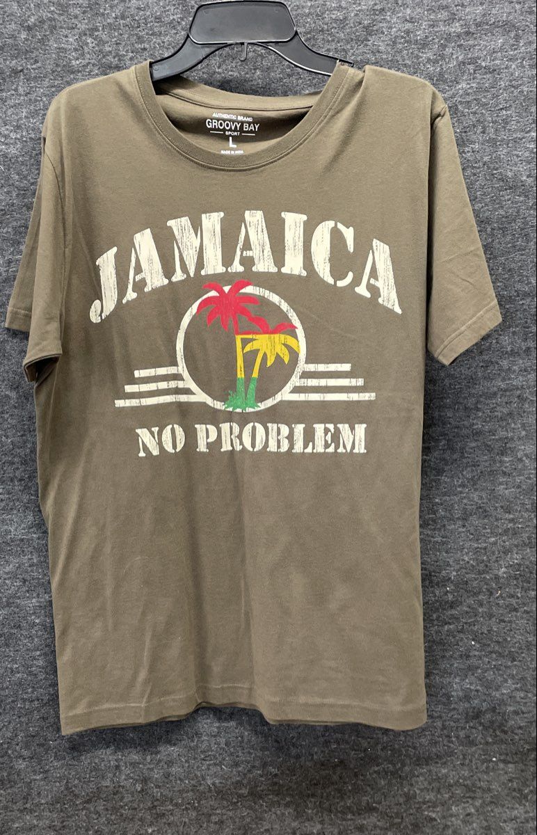 Groovy Bay Sport Men's Jamaica No Problem Graphic T-Shirt Olive Green Sz L NWT