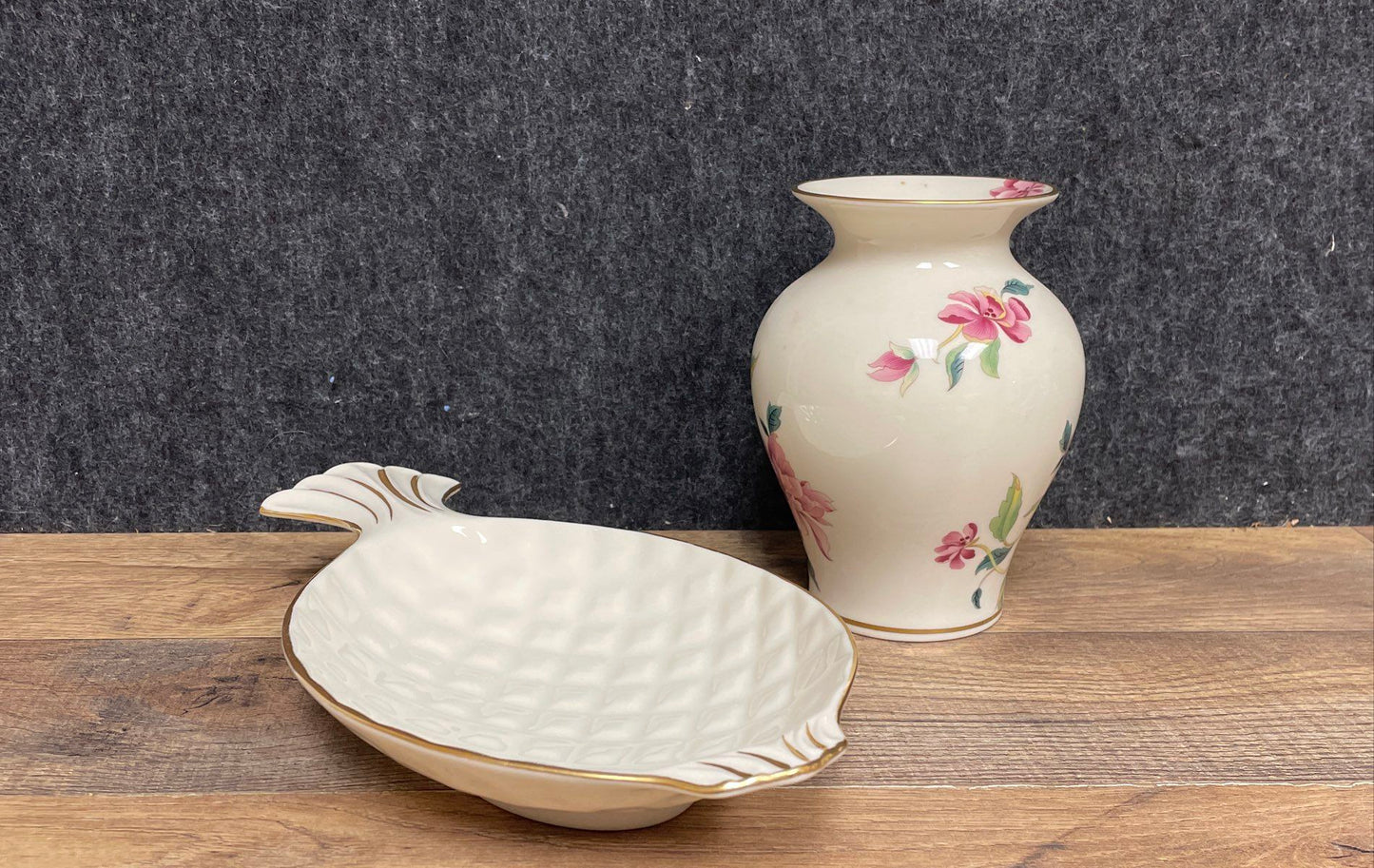 Lenox Barrington Floral Vase & Pineapple Trinket Dish Lot 2pc Bone China USA