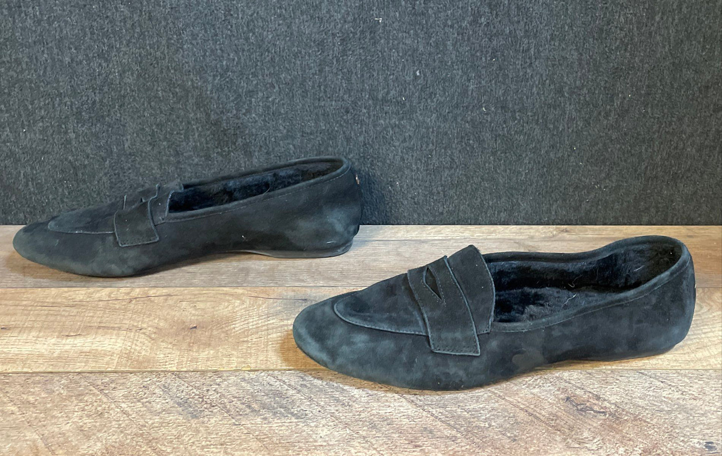 Birdies The Vesper Black Suede Faux Fur Lined Penny Loafers Women's Size 10