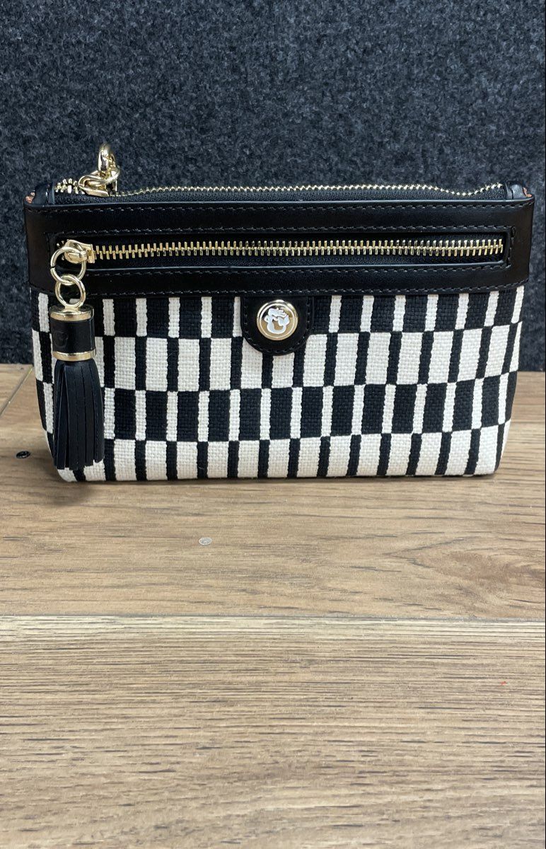 Spartina 449 Black White Checkered Linen Leather Tassel Pouch Clutch Bag