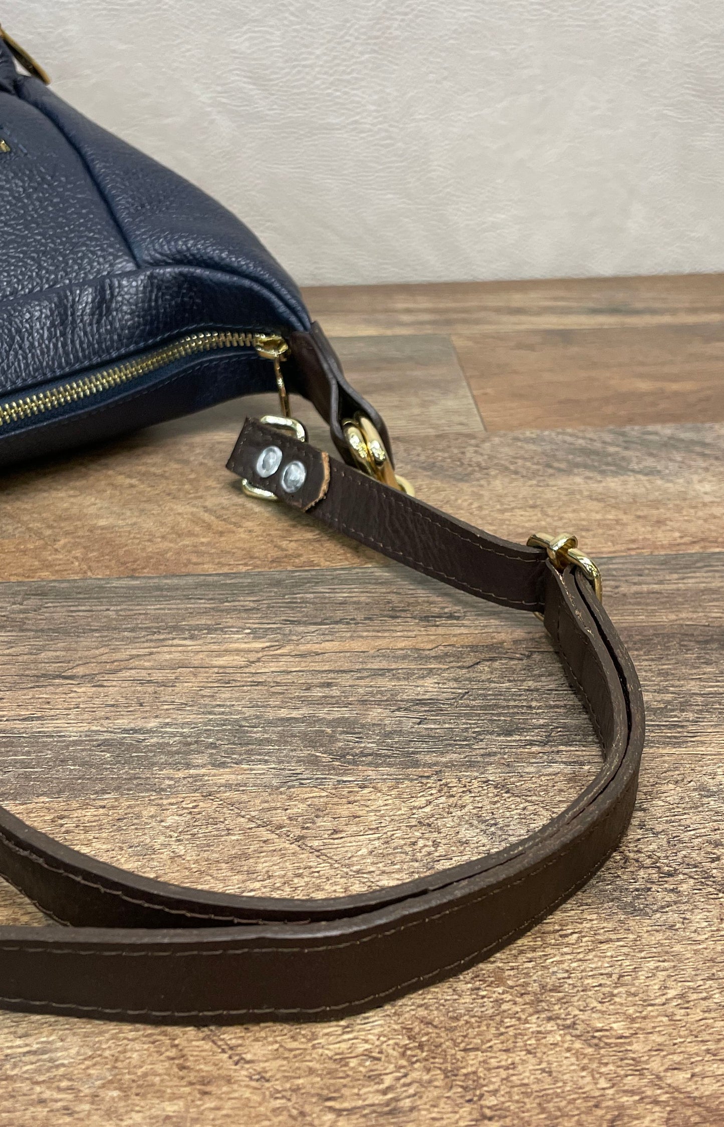 Valentina Navy Blue Pebbled Leather Shoulder Bag Gold Hardware Made in Italy