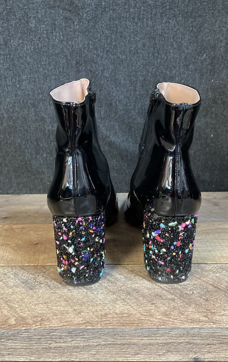 Betsey Johnson Kassie Black Multi Glitter Block Heel Ankle Boots Size 9M