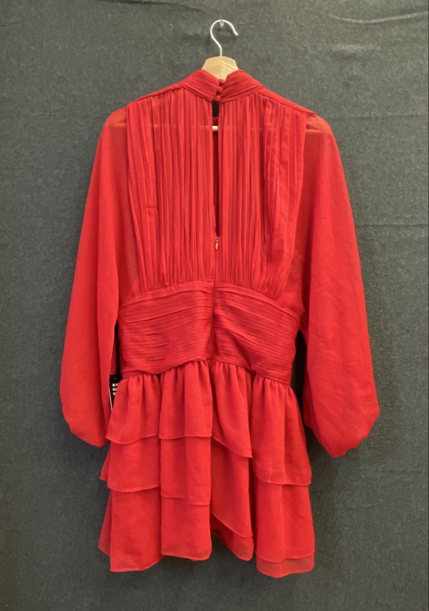 Express Women's Red Ruffled Ruched High Neck Bishop Sleeve Dress NWT Sz 10