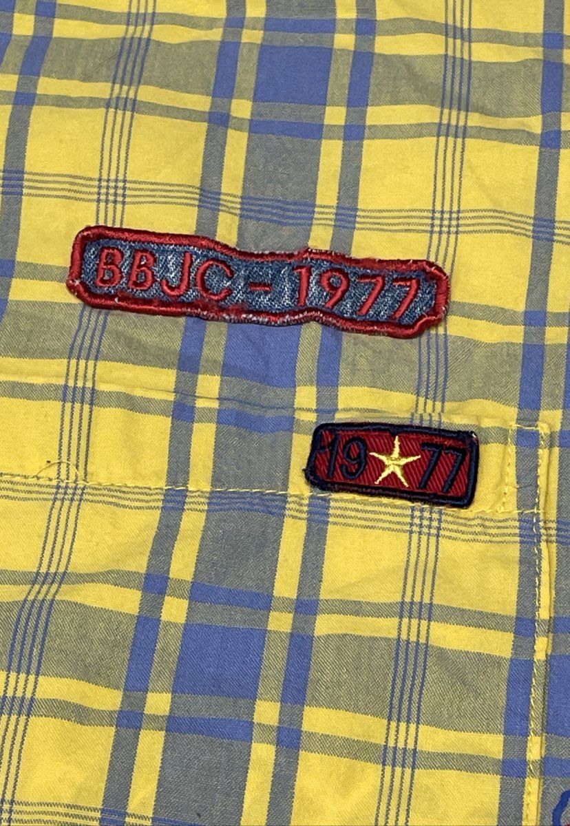 Vintage 90s Bugle Boy Men's Yellow Blue Plaid Graphic Button Down Shirt 2X