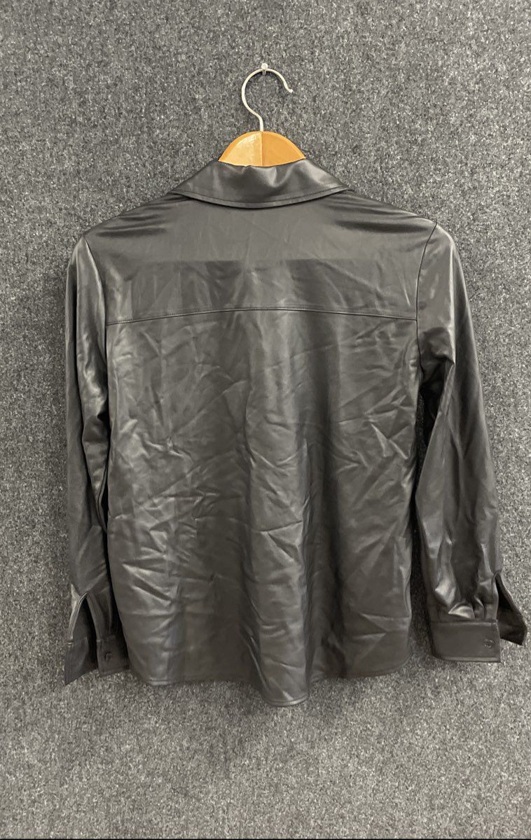 Anne Klein Women's Blouse Black Faux Leather Long Sleeve Button Down NWT Sz S