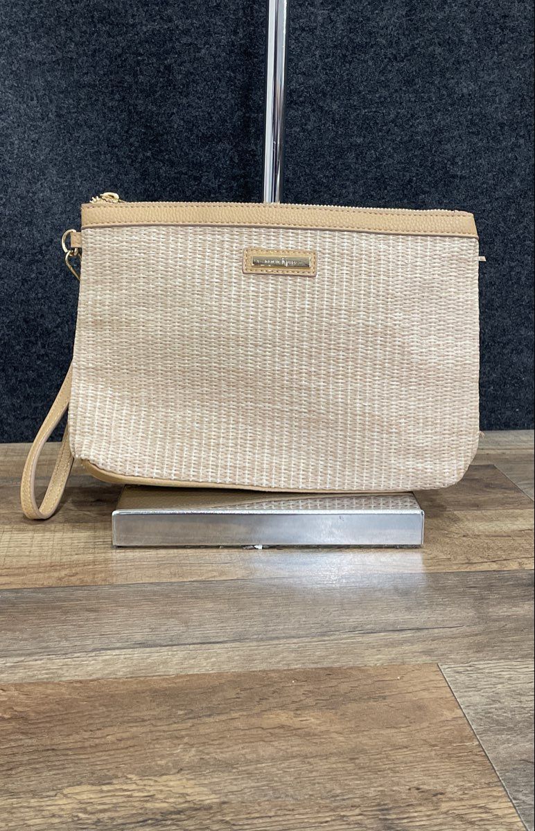 Nanette Lepore Tan Woven Leather Wristlet Clutch Bag Gold Tone Hardware