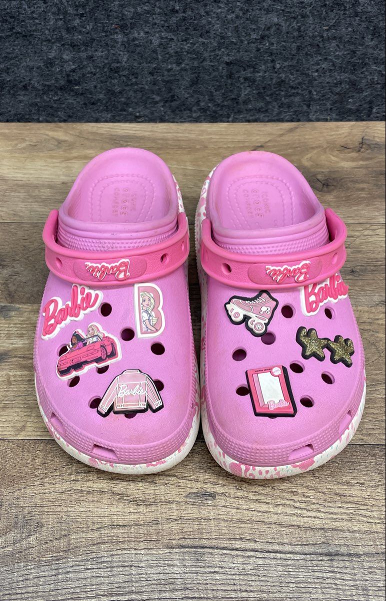 Crocs Barbie Classic Clog Pink White Patterned Sole with Charms Youth Size J4