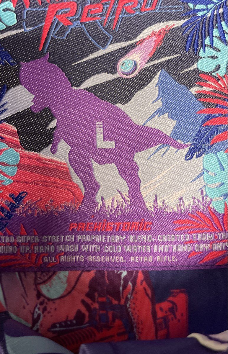 Retro Rifle Mens Short Sleeve Shirt Purple Prehistoric Dinosaur Rifle Synth Sz L