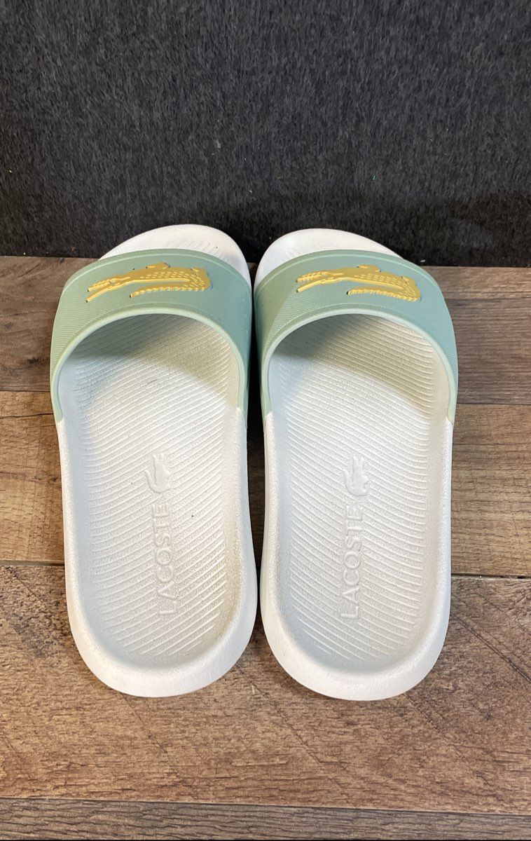 Lacoste Fraisier White Aqua Yellow Slide Sandals Size 10.5" Footbed