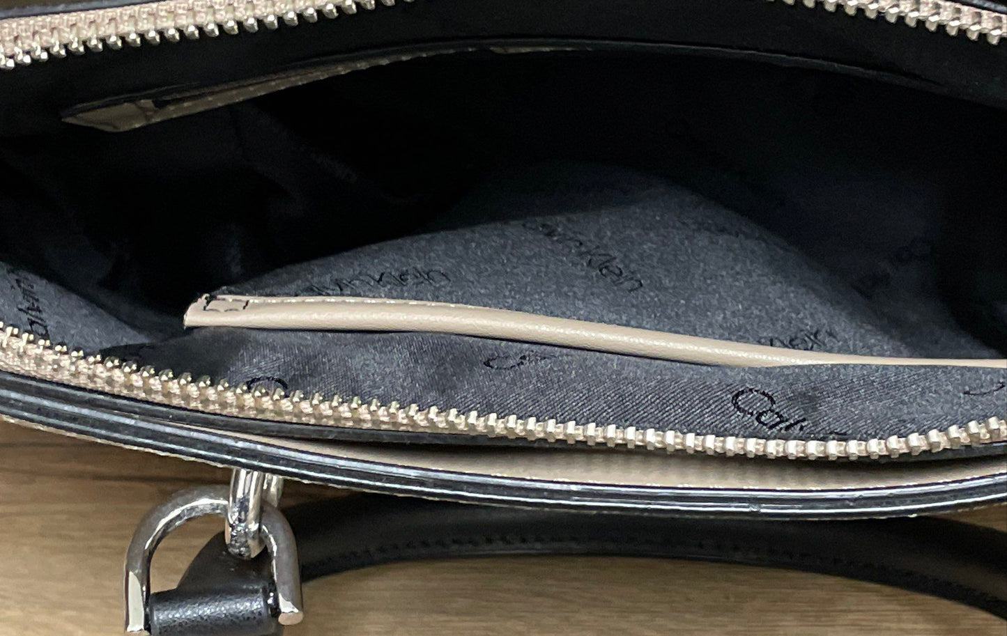 Calvin Klein Beige Black Saffiano Leather Susan Satchel Bag Silver Hardware