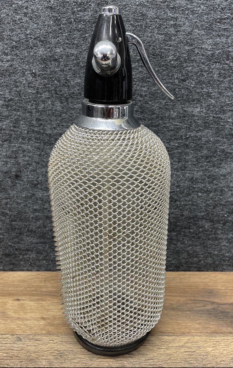 Vintage Mid-Century Seltzer Bottle Soda Siphon Wire Mesh Glass Barware