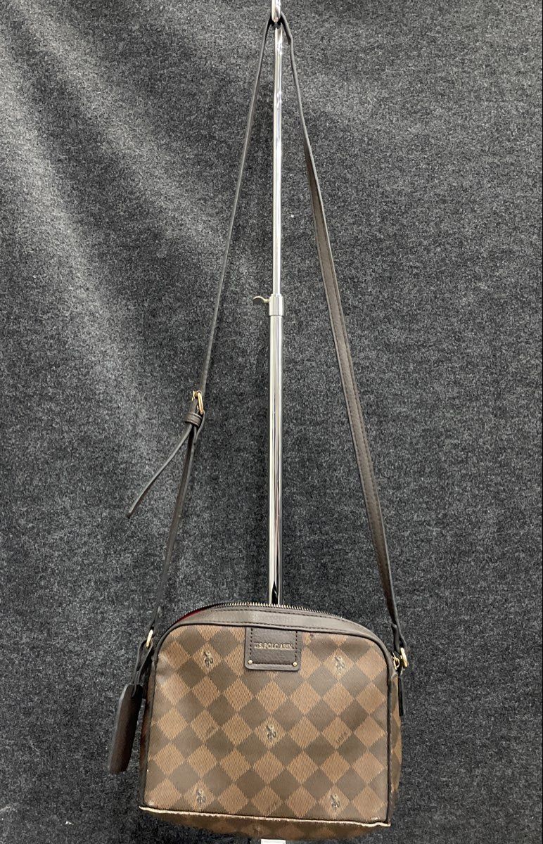U.S. Polo Assn. Brown Checkered Monogram Crossbody Bag Gold Hardware