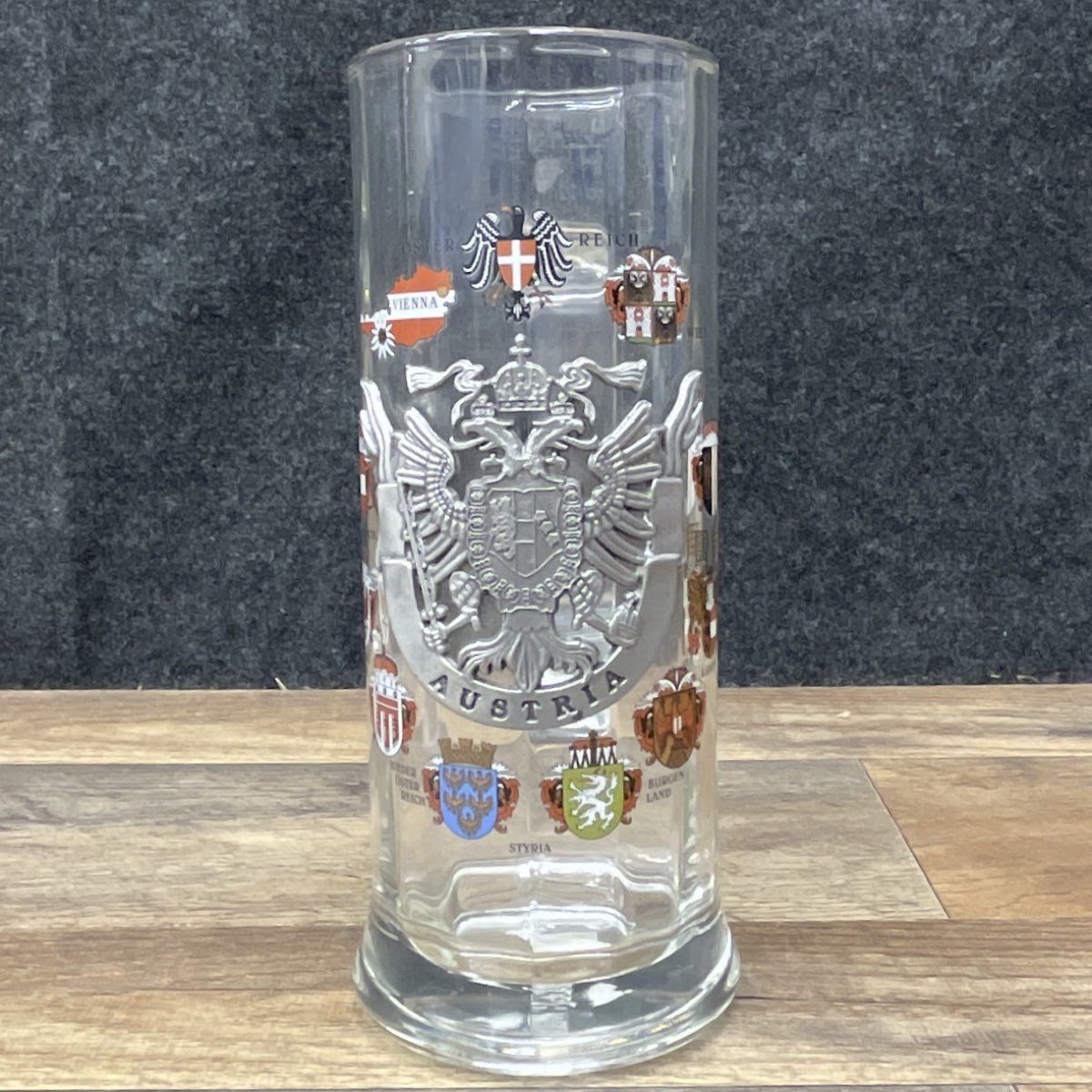 Vintage Austrian Glass Beer Stein Pewter Coat of Arms & Crests Mug 8"