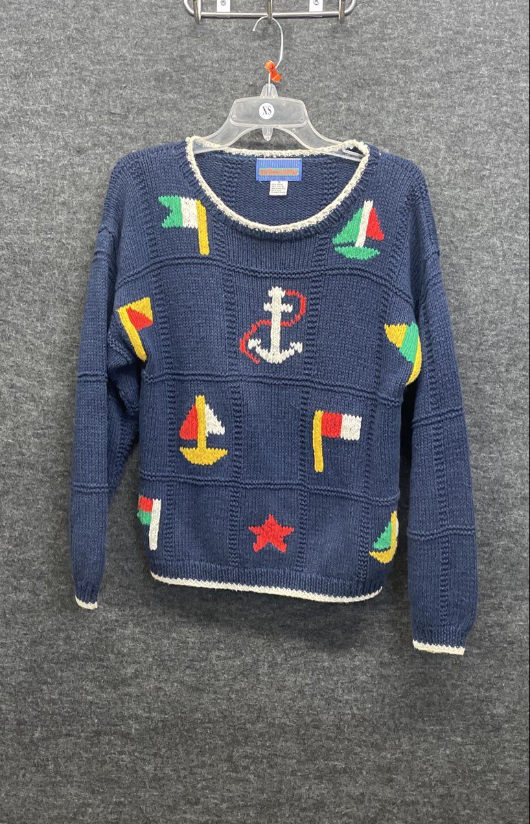 Vintage 90s Melissa Burke Women's Nautical Navy Anchor Sailboat Sweater Sz M