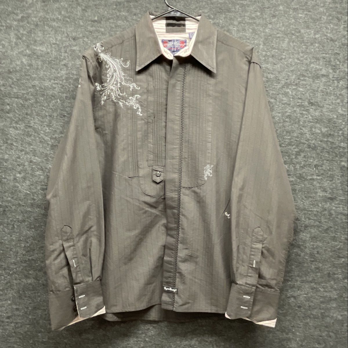 English Laundry Men's Gray Embroidered Paisley Pleated Bib Button Up Shirt XL