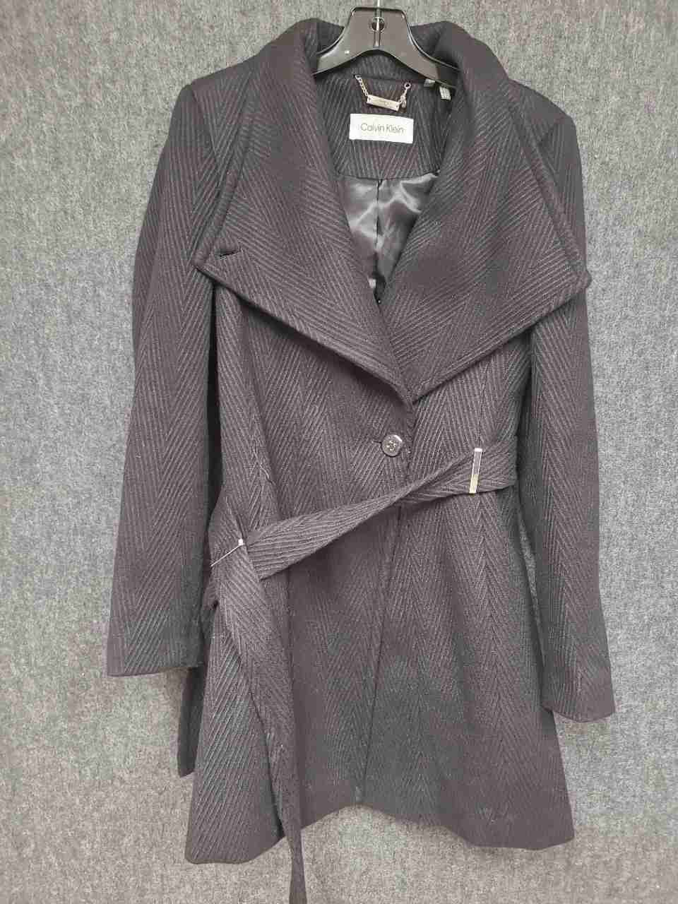 Calvin Klein Women's Herringbone Belted Wrap Coat Dark Gray Charcoal Size S