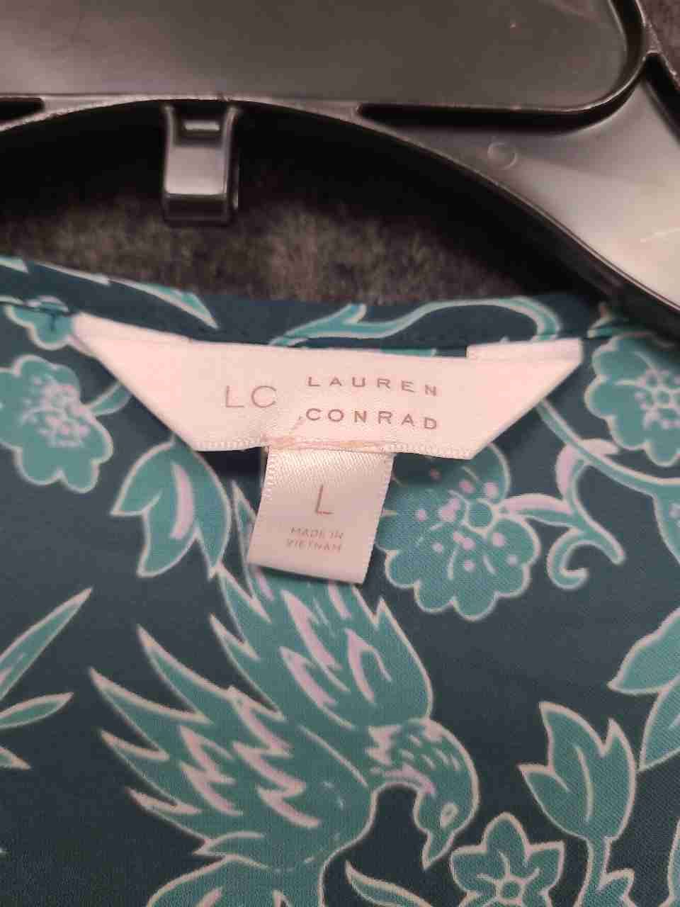 LC Lauren Conrad Women's Teal Green Floral Bird Print Ruffle Sleeve Blouse Sz L