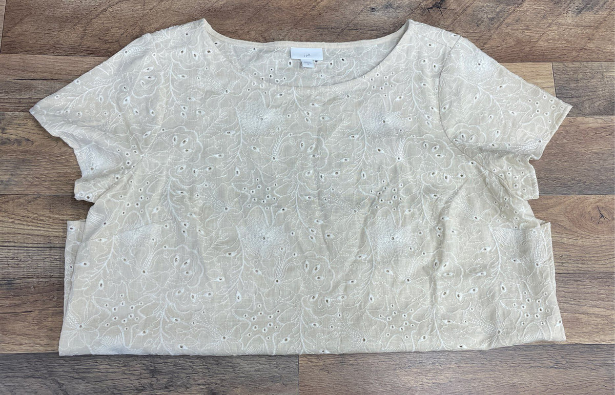 J. Jill Women's Cream Linen Blend Eyelet Short Sleeve Embroidered Top Sz M