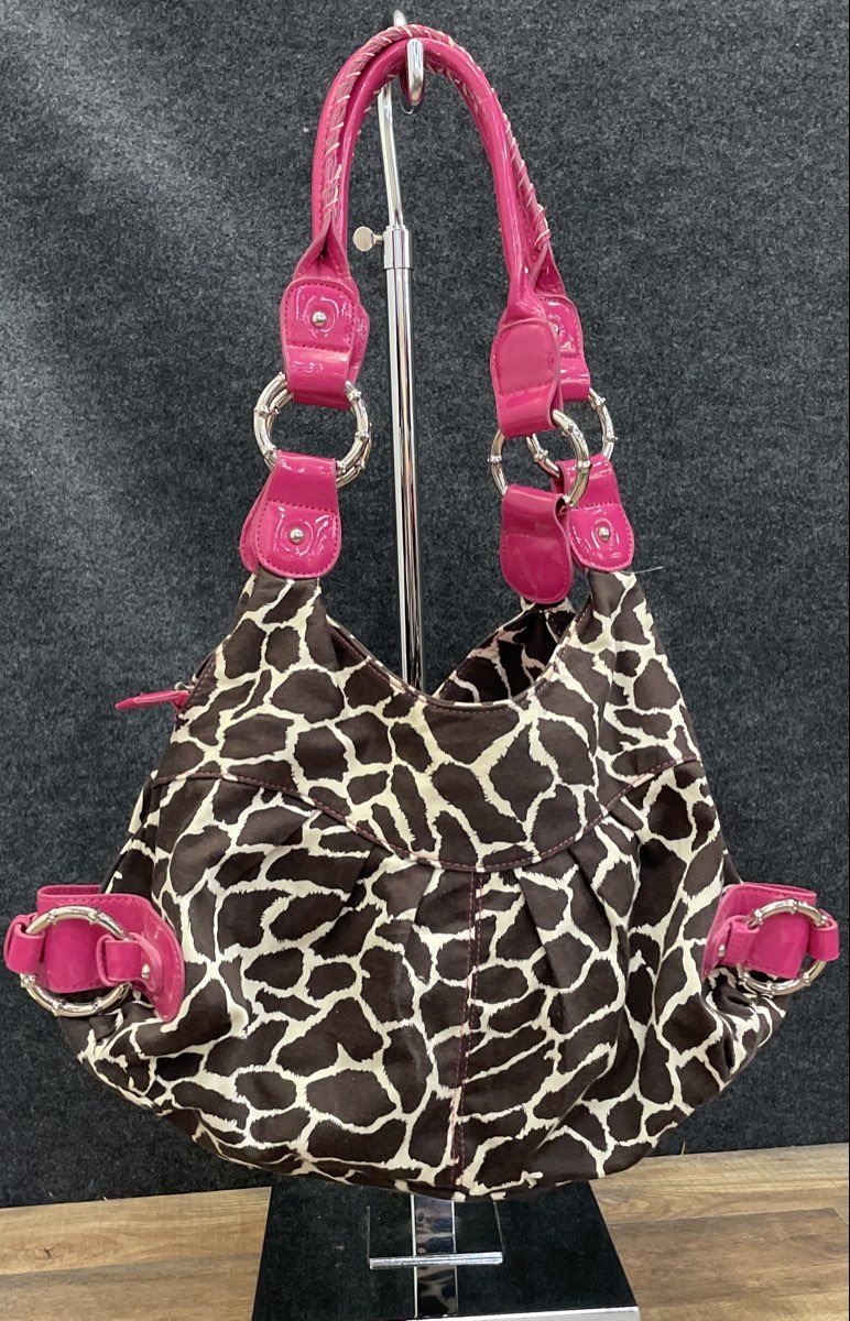 Top It Off Brown Pink Zebra Pattern Fabric Leather Accents Hobo Shoulder Bag