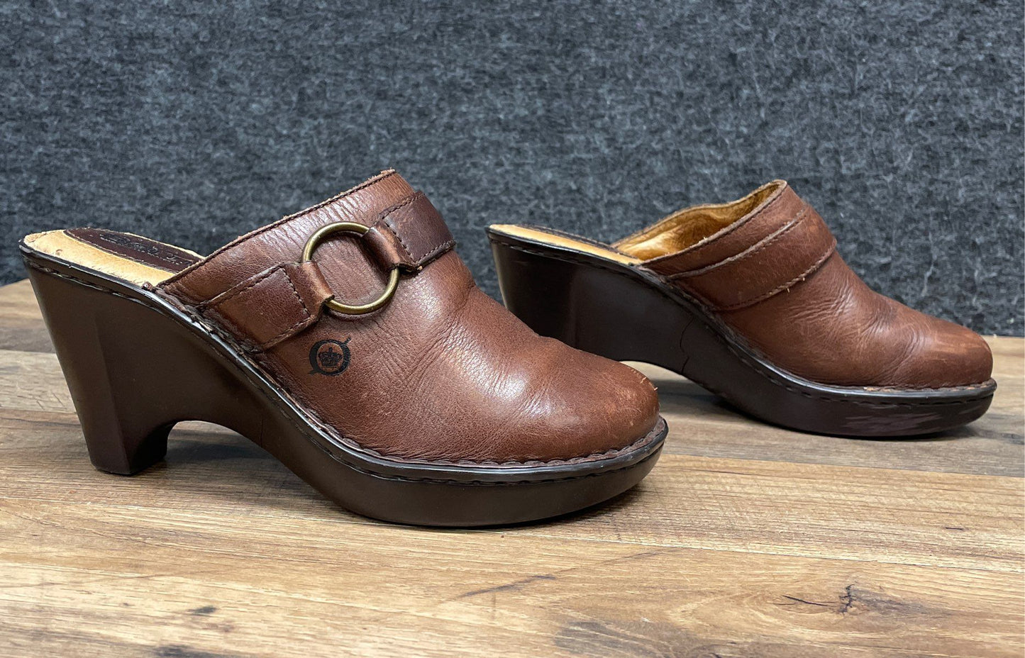 Born Brown Leather Buckle Strap Heeled Clogs Mules Women's Size 8.5