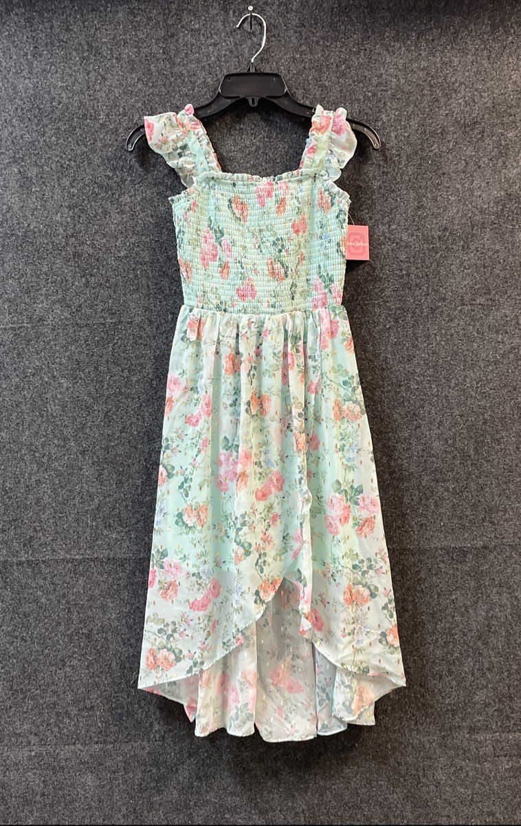 Rare Editions Girls Aqua Floral Smocked Hi-Lo Hem Gold Foil Dress Size 12 NWT