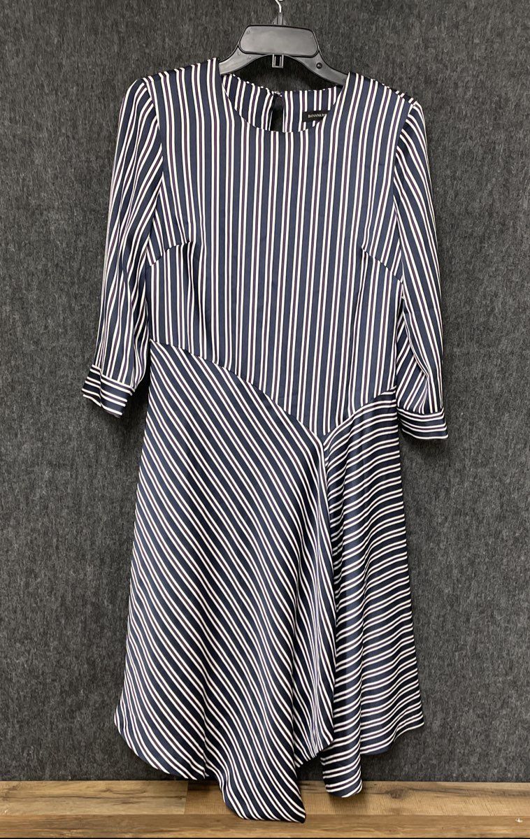Banana Republic Women's Navy White Stripe Asymmetrical Long Sleeve Midi Dress 6