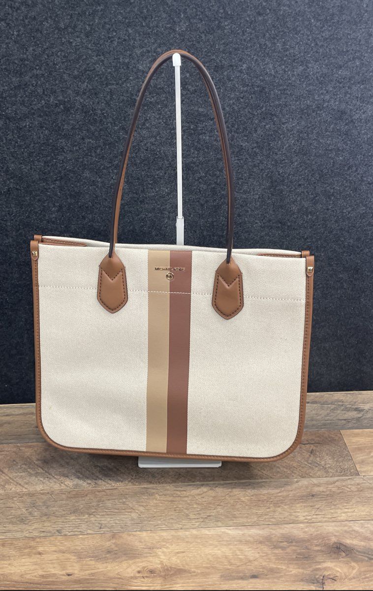 Michael Kors Cream Tan Striped Canvas Leather Tote Handbag Bag Gold Hardware