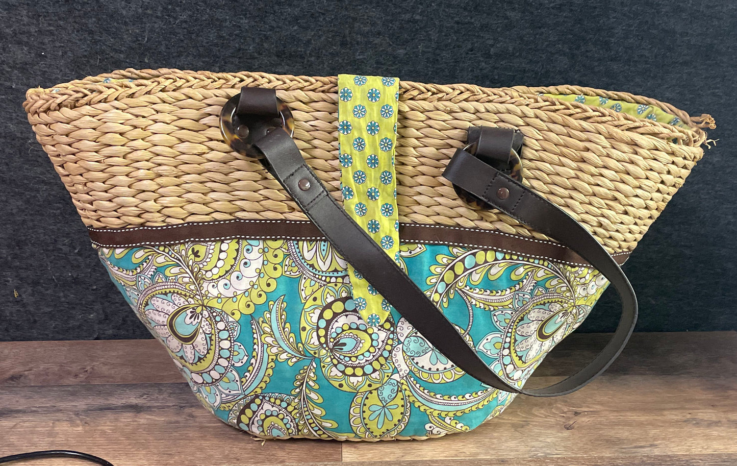 Vera Bradley Woven Straw Paisley Fabric Tote Bag Teal Green Large Shoulder Bag