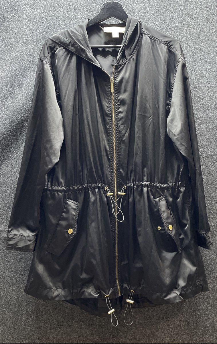 Michael Kors Women's Black Hooded Trench Coat Rain Jacket Zip Drawstring Sz XL