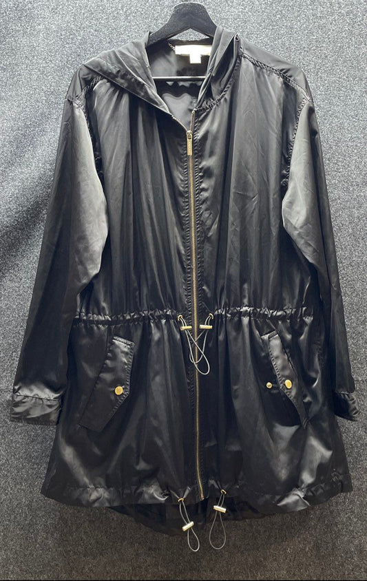 Michael Kors Women's Black Hooded Trench Coat Rain Jacket Zip Drawstring Sz XL