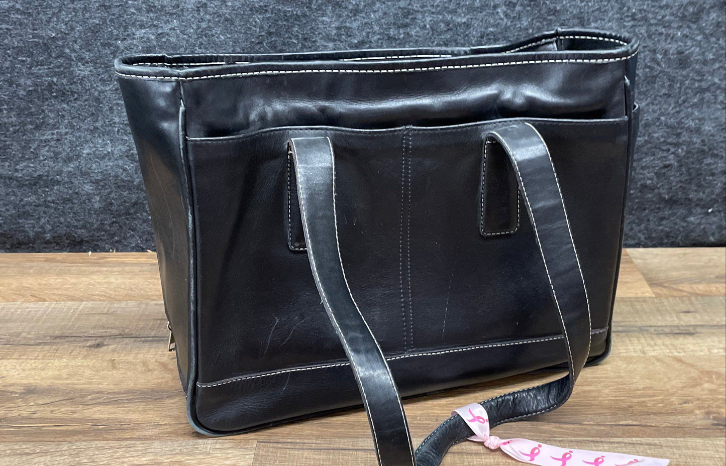 Coronado Leather Black Leather Large Tote Handbag Contrast Stitching