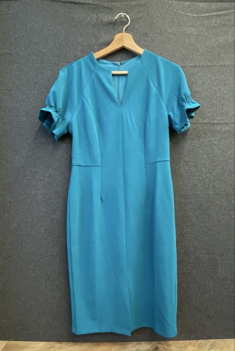 Maggy London Petite Women's Teal Short Puff Sleeve V-Neck Sheath Dress Sz 6P