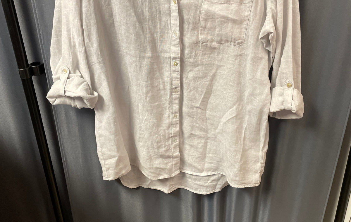 Sigrid Olsen Women's White 100% Linen Roll Tab Sleeve Button Front Shirt Sz M
