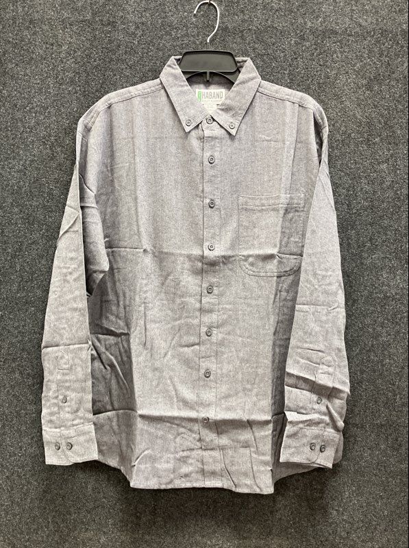 Haband Men's Gray Herringbone 100% Cotton Long Sleeve Button Down Shirt Sz L