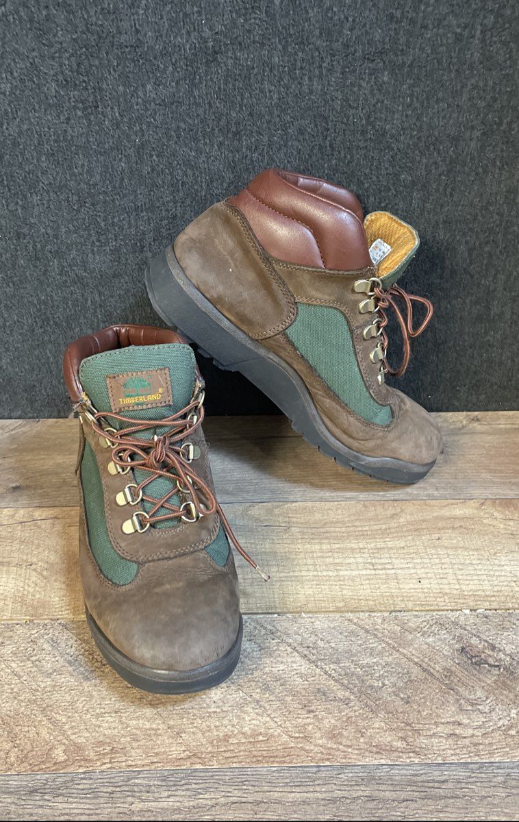 Timberland Field Boots Brown Green Canvas Leather Hiking Mid Top Size 6