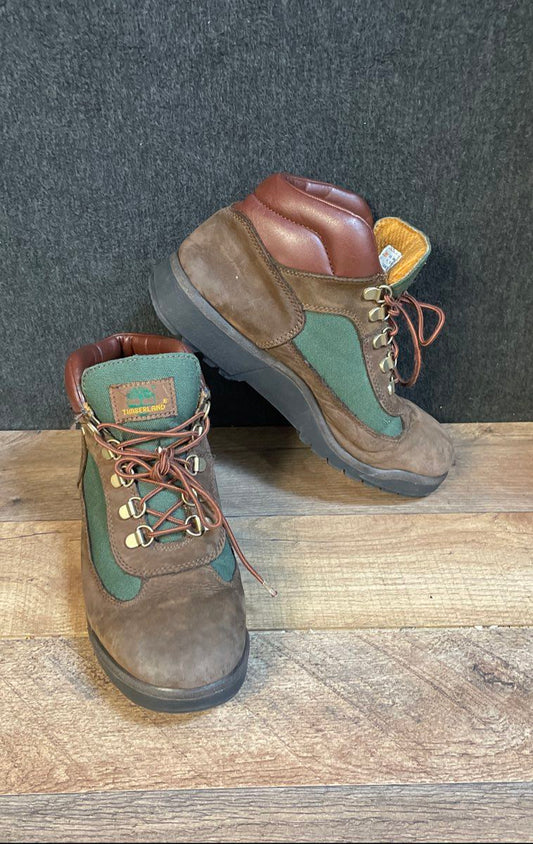 Timberland Field Boots Brown Green Canvas Leather Hiking Mid Top Size 6