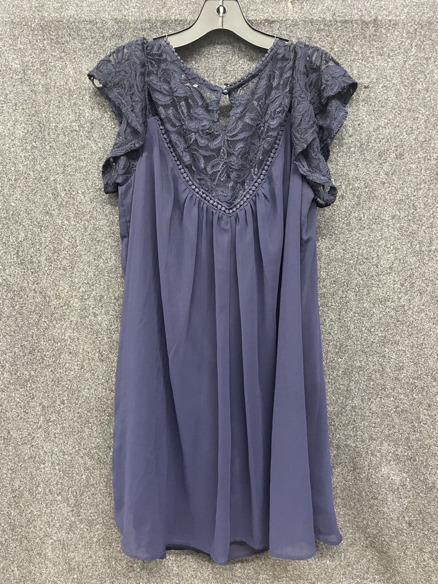 As U Wish Women's Navy Blue Lace Yoke Pom Pom Trim Flutter Sleeve Dress Sz 2X